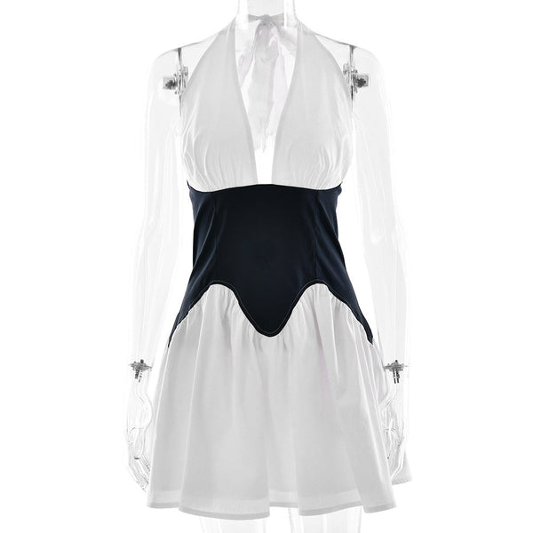 Deep V-Neck Halter A-Line Dress with Waist-Cinching Style