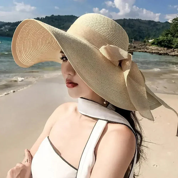 Women’s Foldable Straw Sun Hat with Large Bow Design