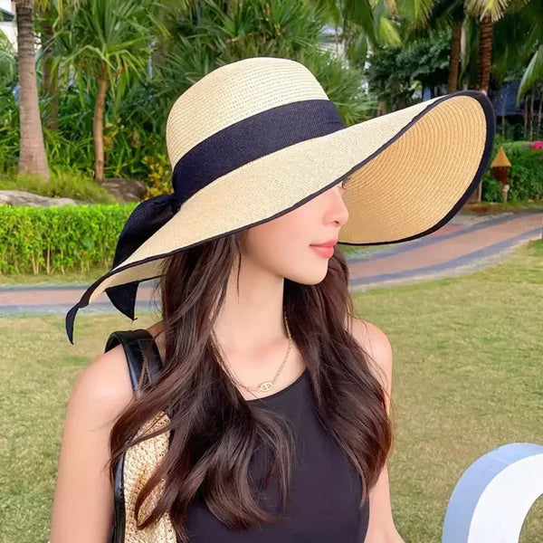 Women’s Foldable Straw Sun Hat with Large Bow Design