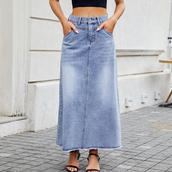 Women’s High-Waisted Denim Skirt with Loose Pocket Design