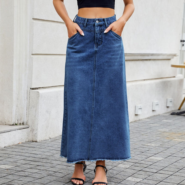 Women’s High-Waisted Denim Skirt with Loose Pocket Design