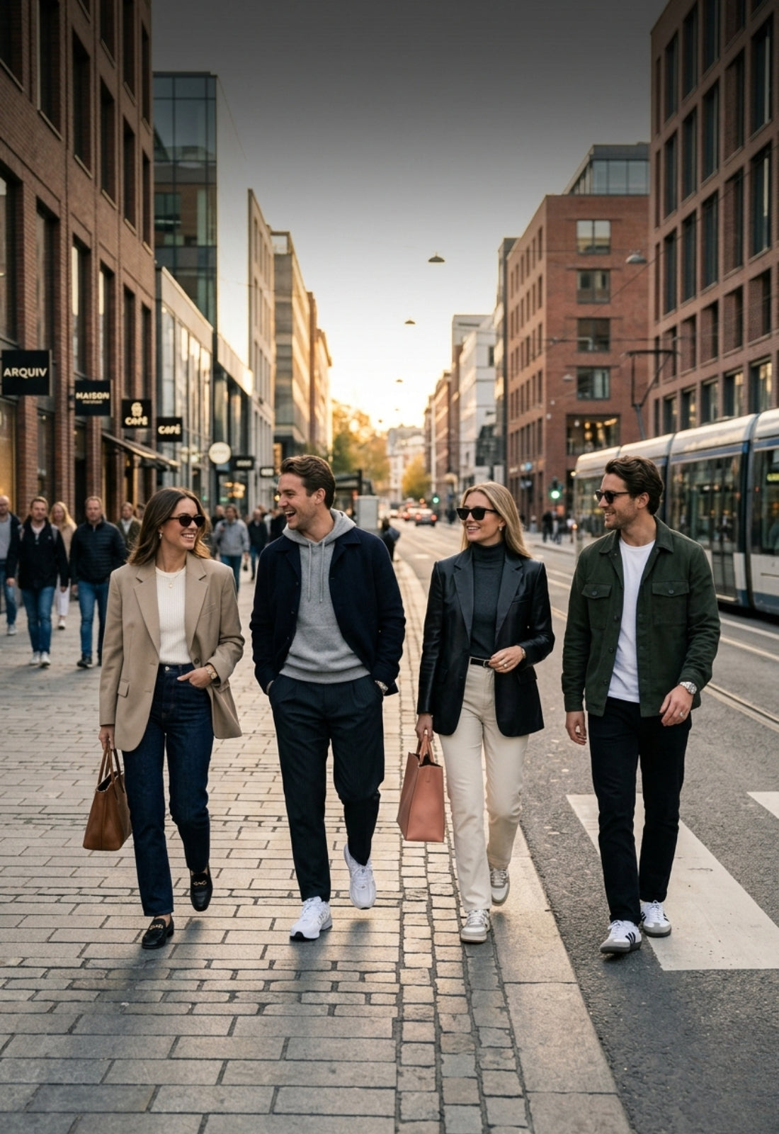 A group of friends walking outdoors wearing stylish modern city fashion.