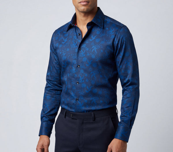 Men’s Contemporary Fit Navy Button-Up Shirt with Contrast Details