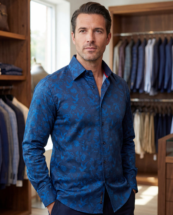 Men’s Contemporary Fit Navy Button-Up Shirt with Contrast Details