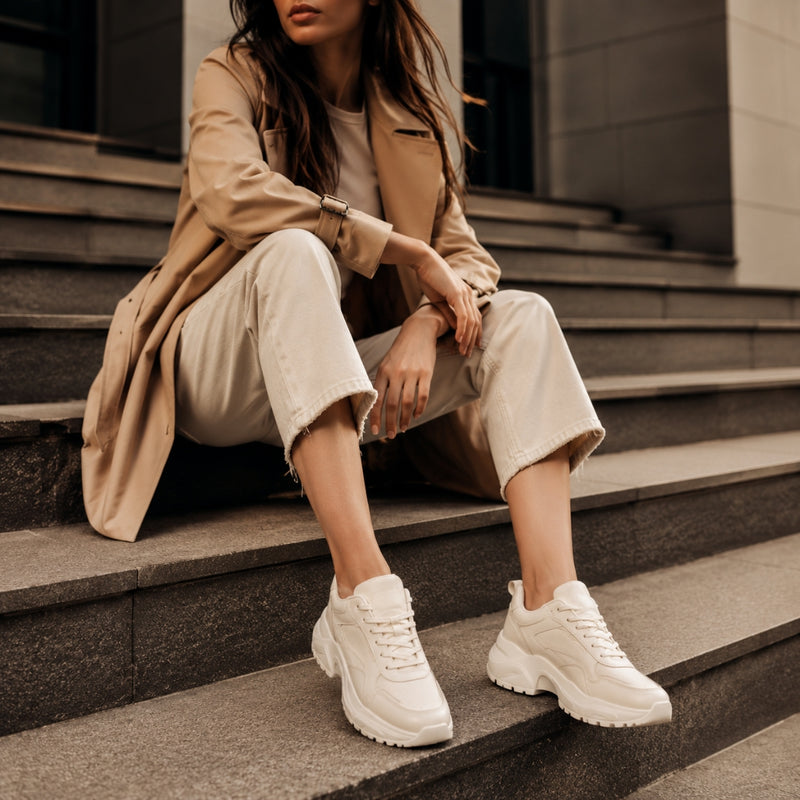 A woman wearing white platform sneakers for a trendy everyday look.