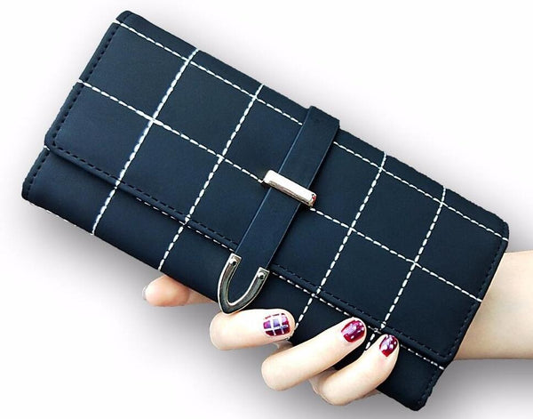 Long Plaid PU Leather Wallet with Phone Storage Design